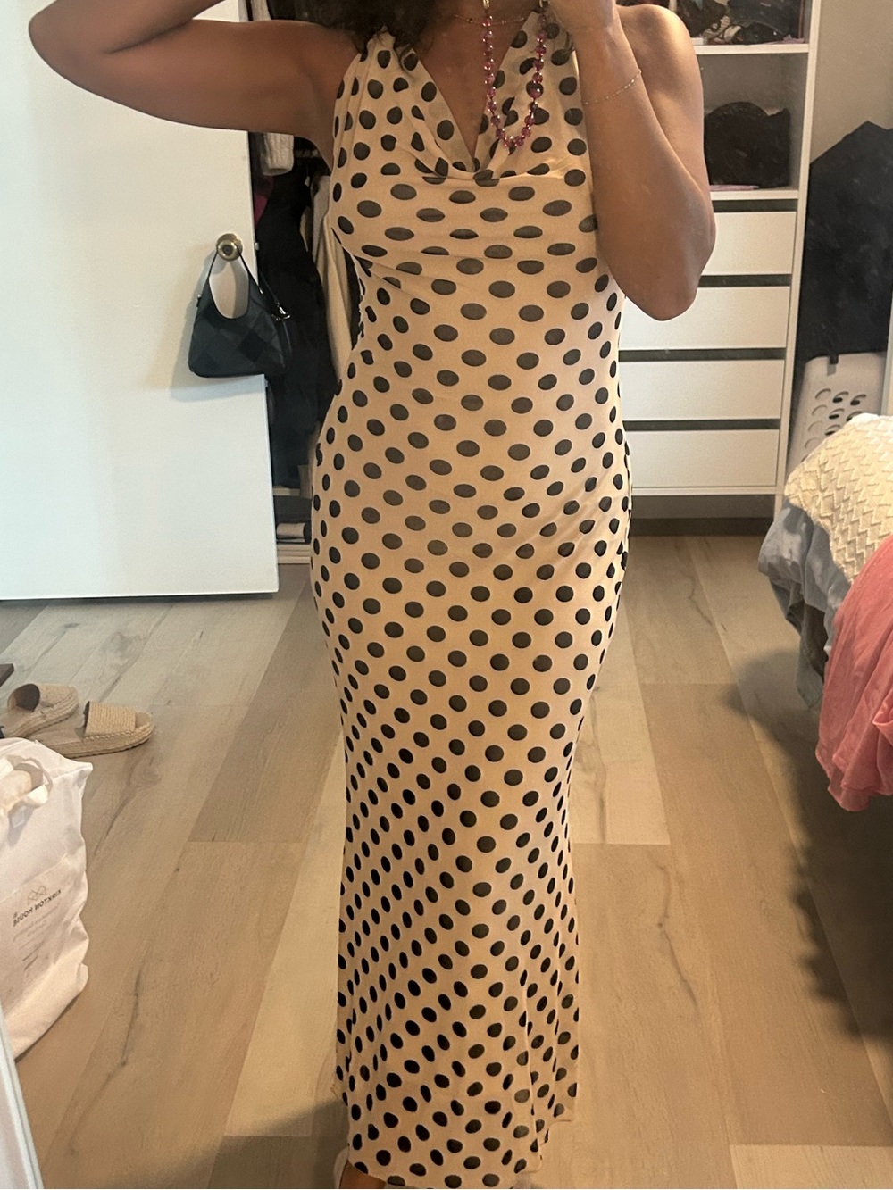 See You Monday Beige Maxi Dress with Black Polka Dots